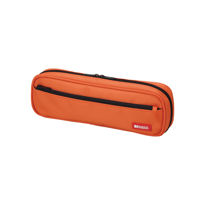 Orange pencil case with a black zipper on a white background
